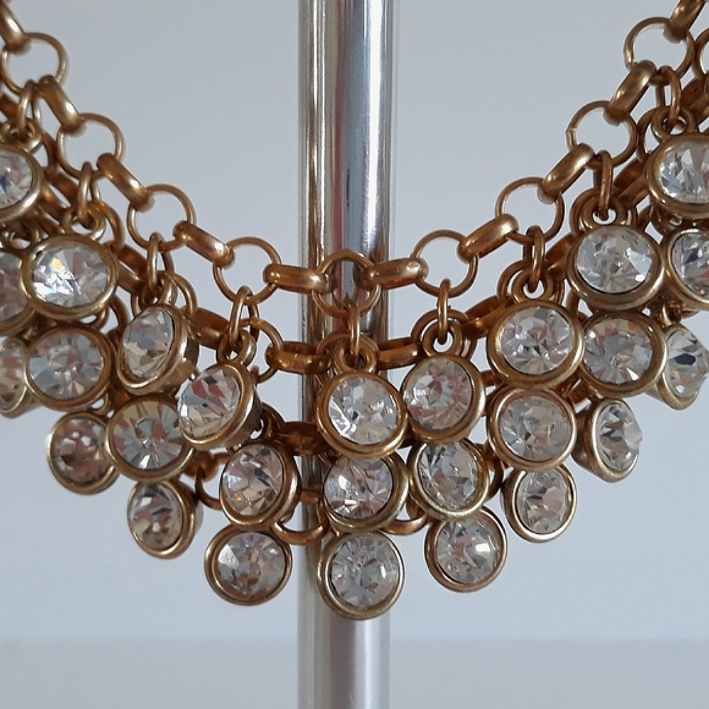 Brass-tone clear crystal chain link bib necklace